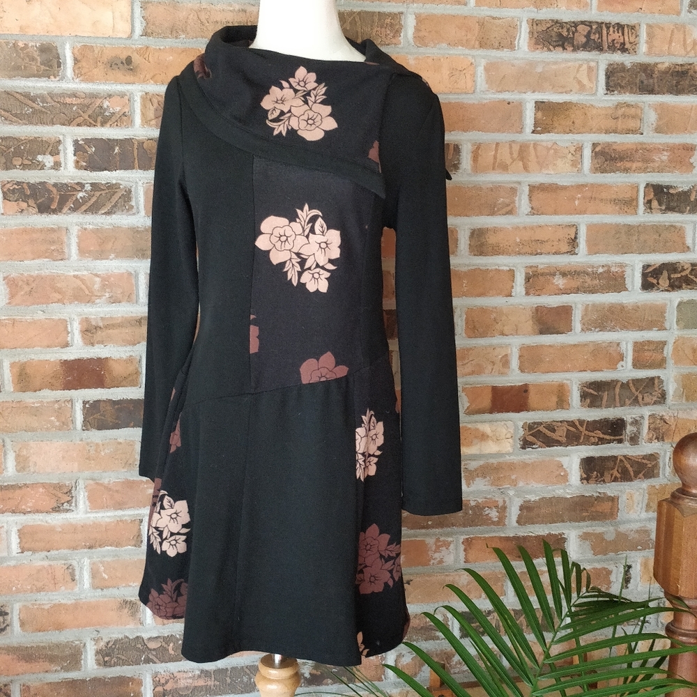 Reborn Asymmetric Floral Black Sweater Dress, with Pockets, S Small
